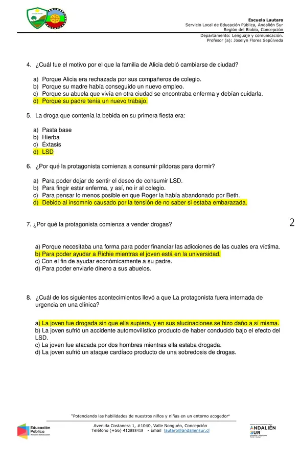 Prueba Pregúntale a Alicia 8vo básico.