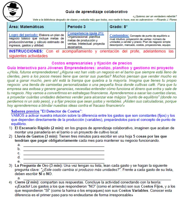 Educación financiera 8° 3/4: Costos empresariales y fijación de precios