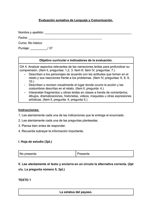 Evaluación 6to básico 