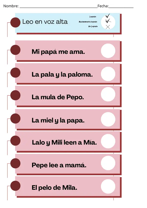 Lectura en voz alta de oraciones de letras m, l ,p y s primero básico