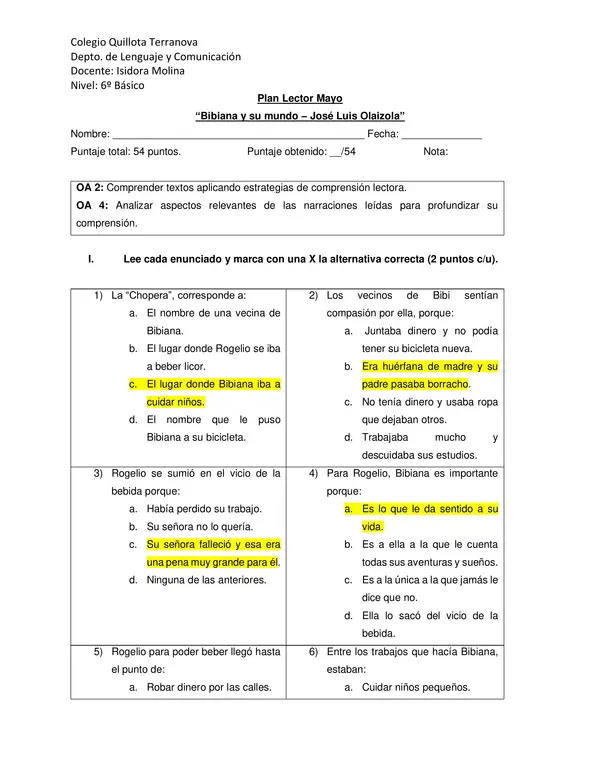 Evaluación Plan Lector "Bibiana y su mundo"