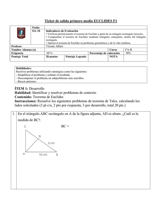 Evaluación corta teorema de euclides