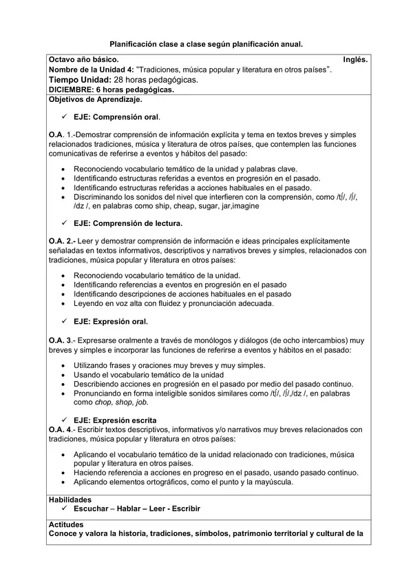 Planificación Clase a Clase: Diciembre | Inglés 8° Básico