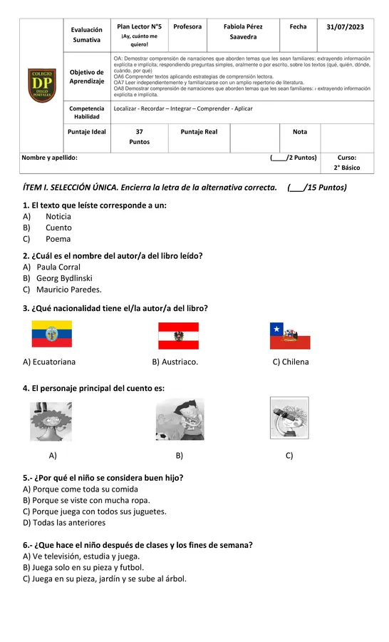 EVALUACIÓN PLAN LECTOR: ¡AY, CUÁNTO ME QUIERO!