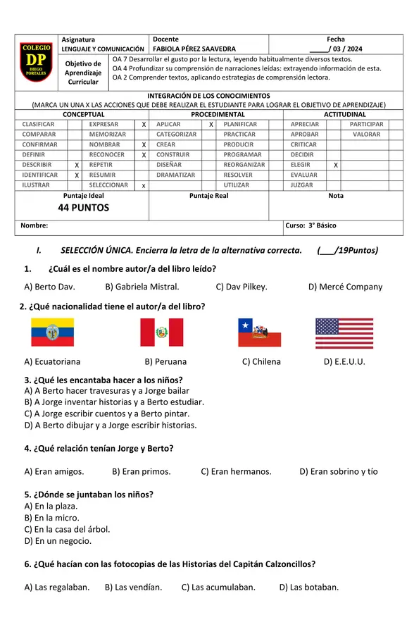 EVALUACIÓN PLAN LECTOR: LAS AVENTURAS DEL CAPITAN CALZONCILLOS