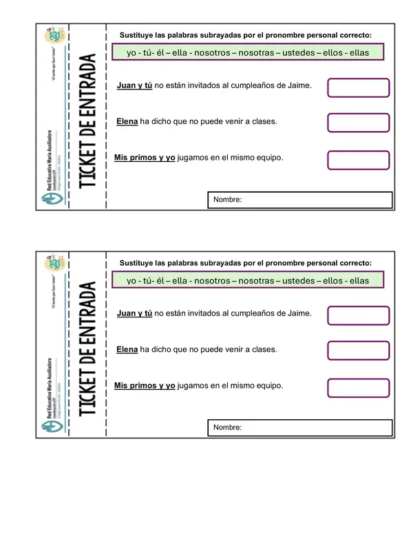 Ticket de entrada "Pronombres personales "