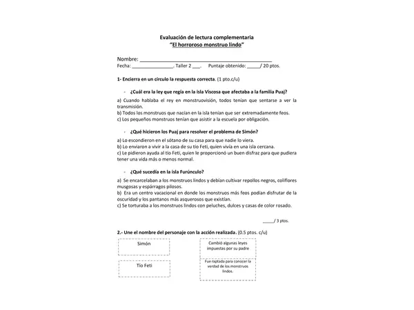 Evaluación libro ''El horroroso monstruo lindo''