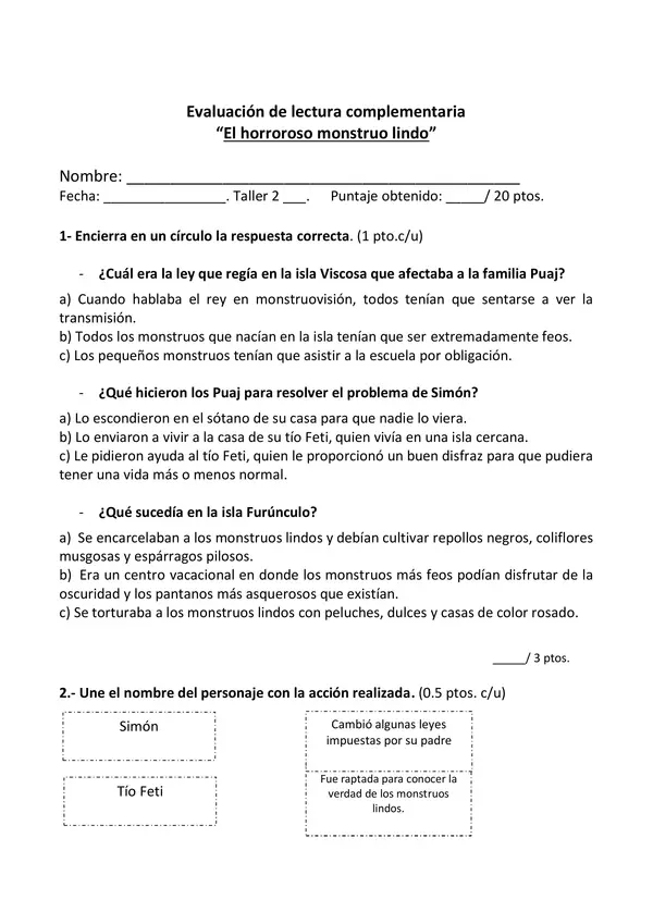 Evaluación libro ''El horroroso monstruo lindo''