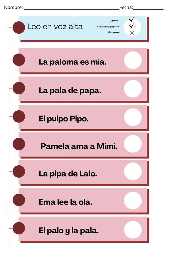 Lectura en voz alta de oraciones de letras m, l ,p y s primero básico