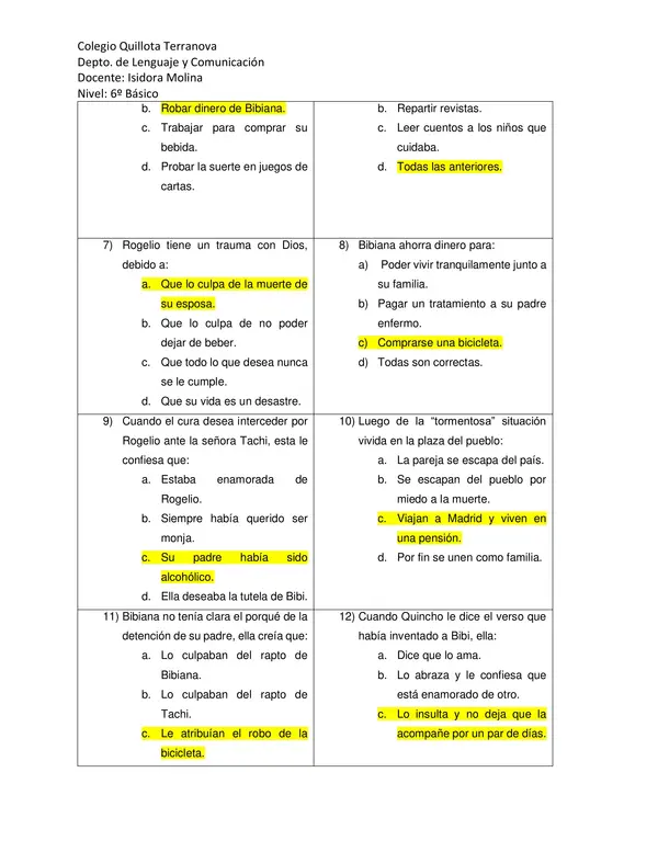 Evaluación Plan Lector "Bibiana y su mundo"