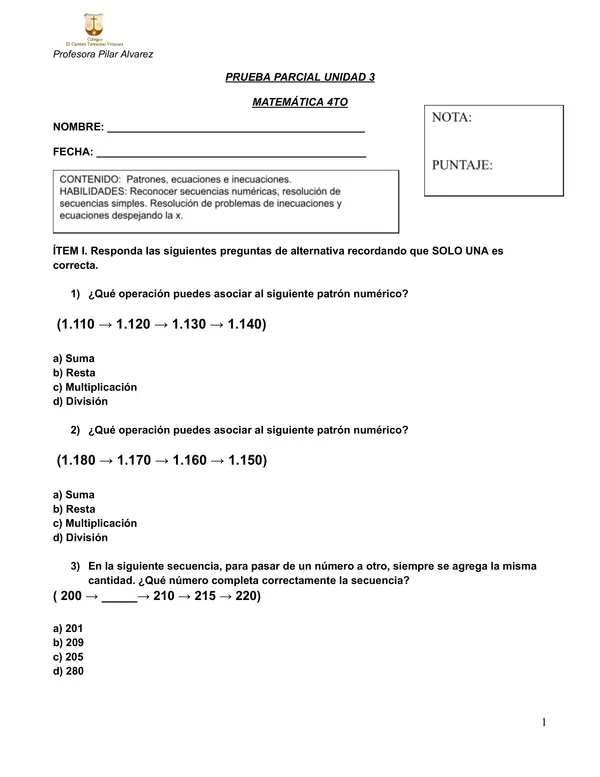 4to Matemática prueba Patrones y ecuaciones