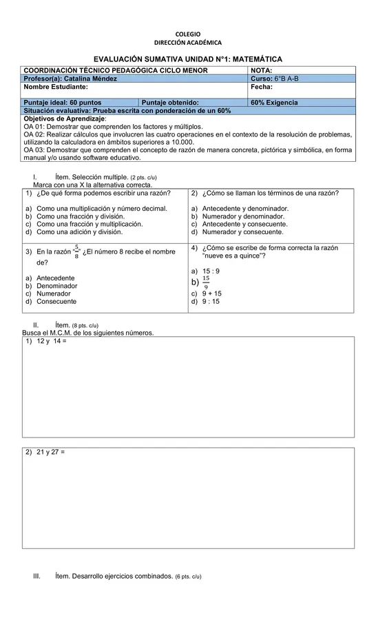 Evaluación matemáticas 6°