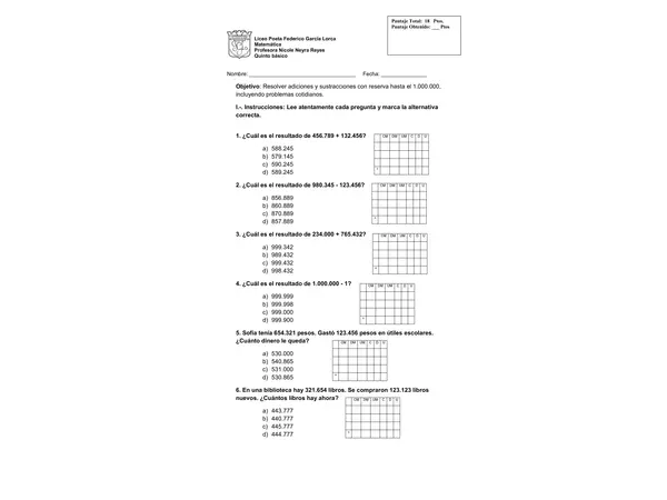 Prueba adición y sustracción hasta 1.000.000