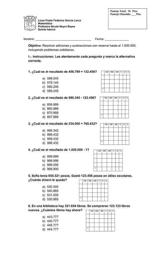 Prueba adición y sustracción hasta 1.000.000