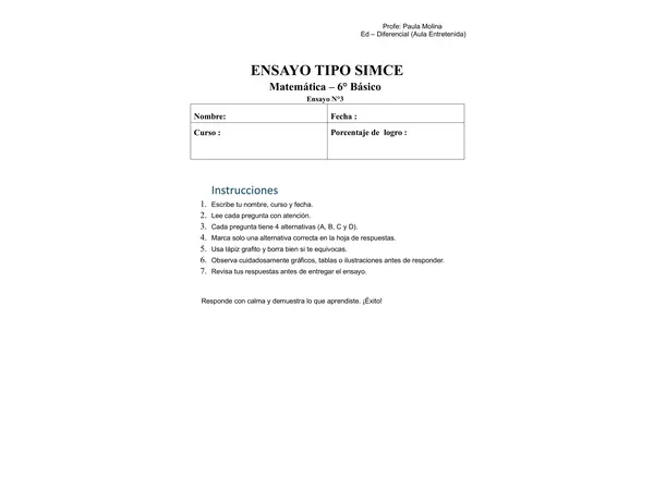 Ensayo SIMCE N°3 de Matemática para 6° Básico 