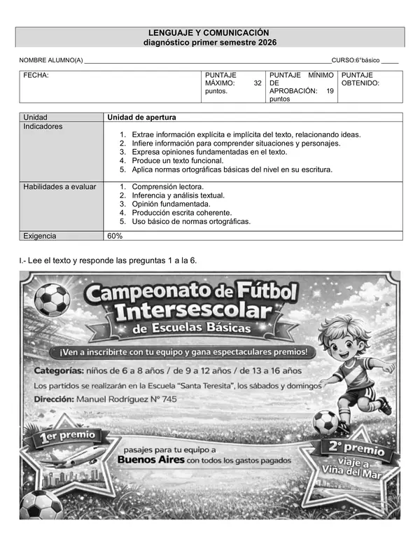 Diagnóstico Lenguaje y Comunicación sexto básico (primer semestre) 