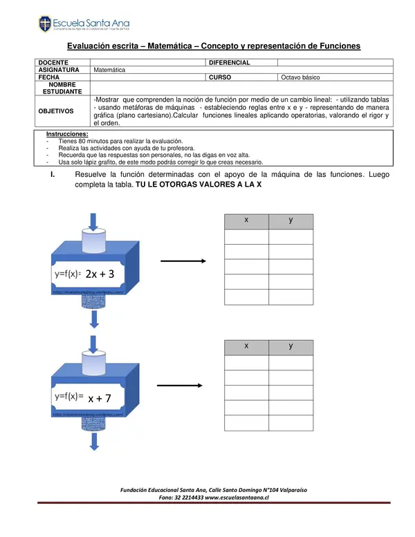 Evaluación funciones 8avo básico