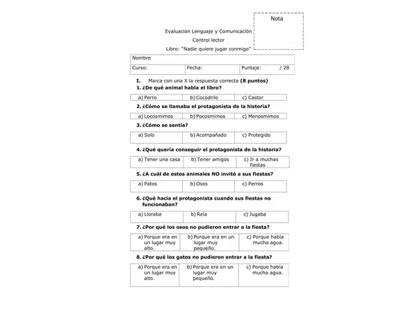 Control de lectura "Nadie quiere jugar conmigo"