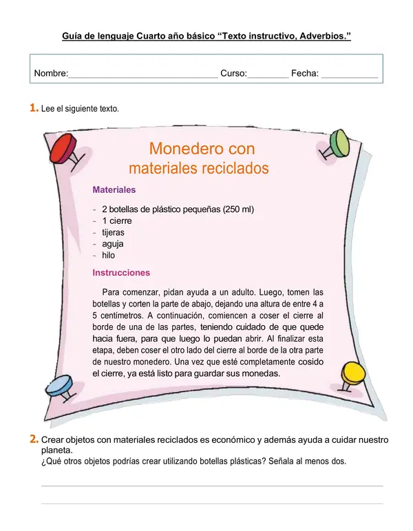 Guía de lenguaje 4°año "Texto instructivo, Adverbios".