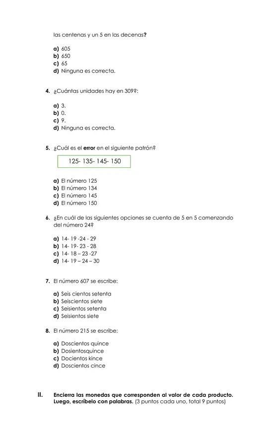 evaluación matemática "Números y operaciones"