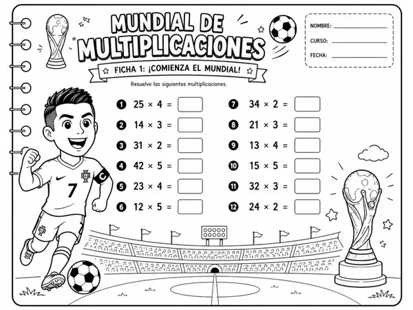 Mundial de Multiplicaciones | 5 Fichas de Trabajo | 4° Básico | Blanco y Negro