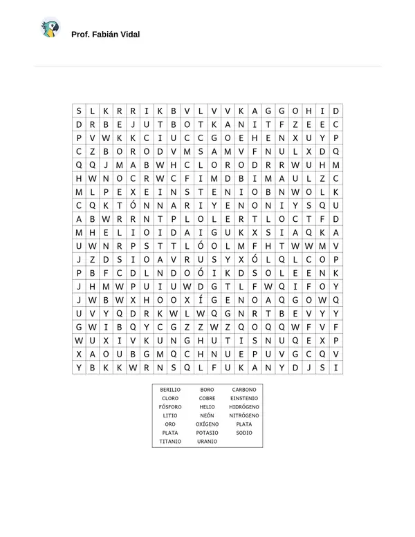 Sopa de letras (Elementos químicos)