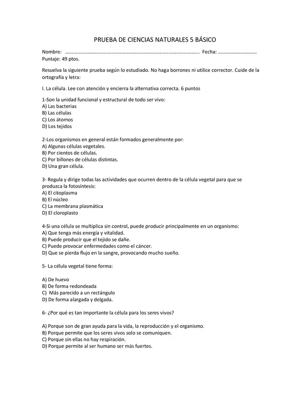Prueba de Ciencias Naturales 5 básico