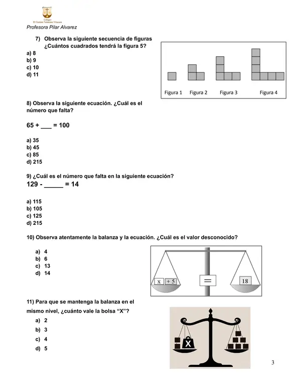 4to Matemática prueba Patrones y ecuaciones