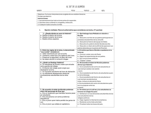 Prueba libro Al sur de la Alameda- control lector