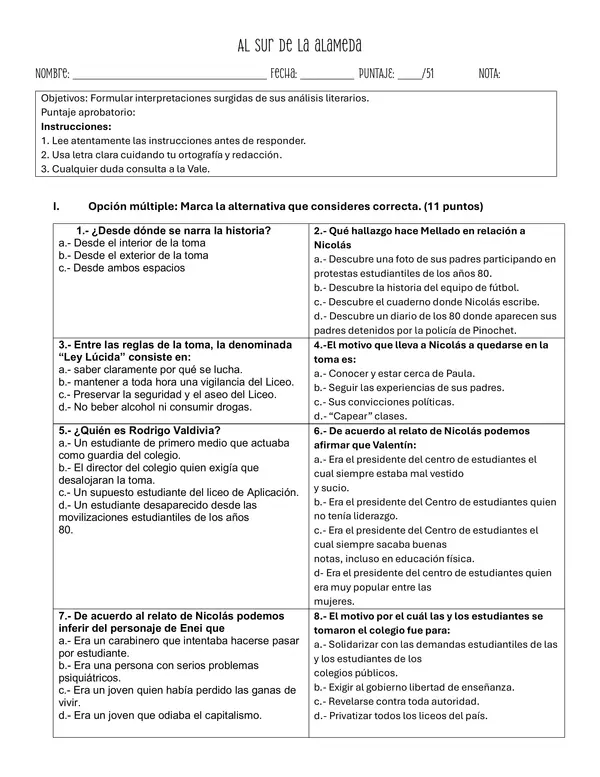 Prueba libro Al sur de la Alameda- control lector