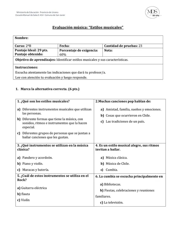 Prueba estilos musicales 2° básico