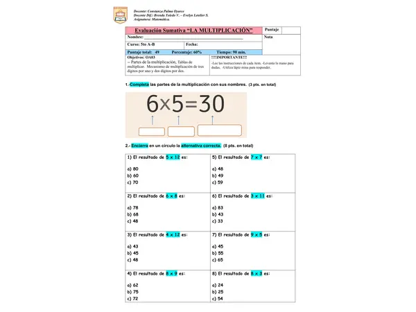 EVALUACIÓN OA 03 multiplicaciones matemática 5to básico