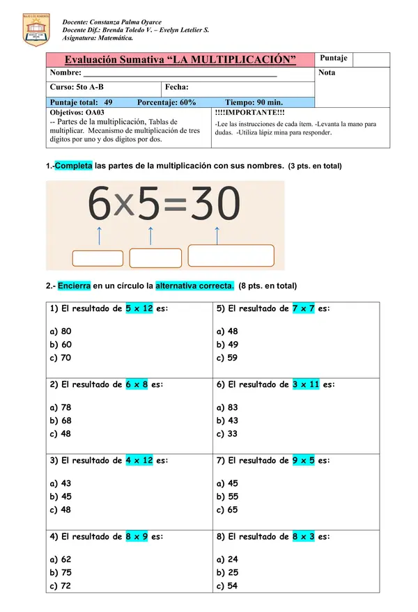 EVALUACIÓN OA 03 multiplicaciones matemática 5to básico