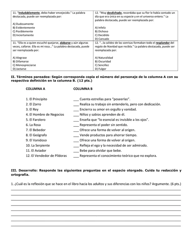 Evaluación plan lector "El Principito"
