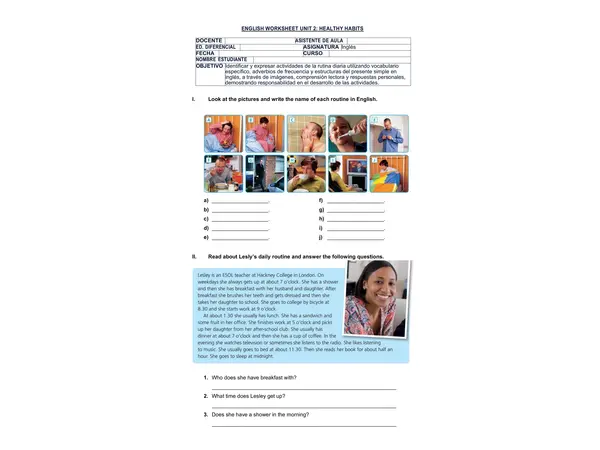 DAILY ROUTINES WORKSHEET 7° GRADE