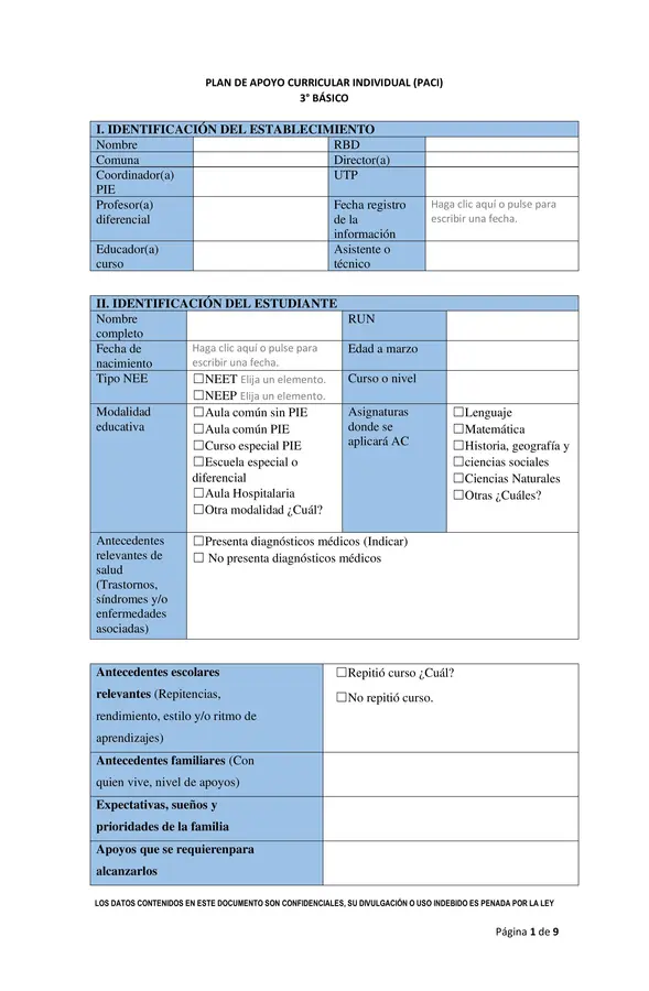 Documento PACI Plan de Adecuación Curricular Individual 3ºbasico 