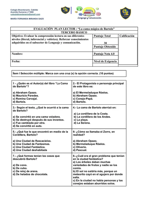 Evaluacion Plan lector: La cama magica de Bartolo