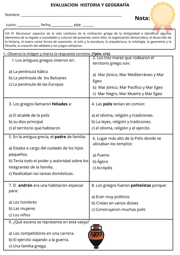 Evaluación de Historia: Los Griegos - Vida Cotidiana, Educación y Legado
