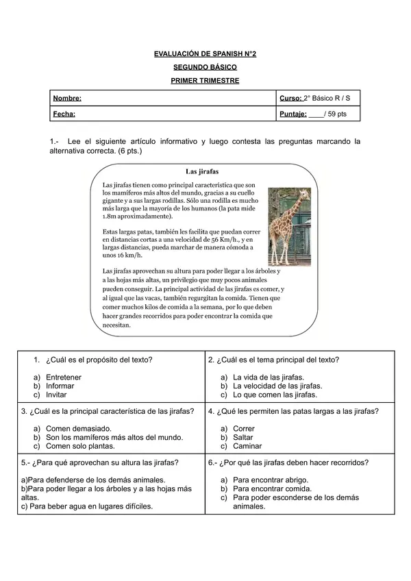 Evaluación lenguaje 2° Básico