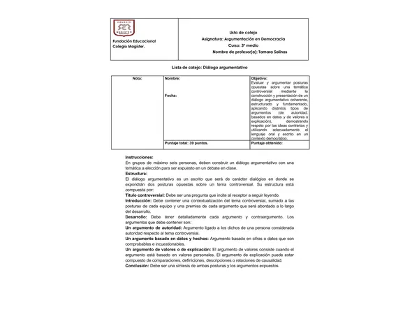 Lista de cotejo diálogo argumentativo y debate 