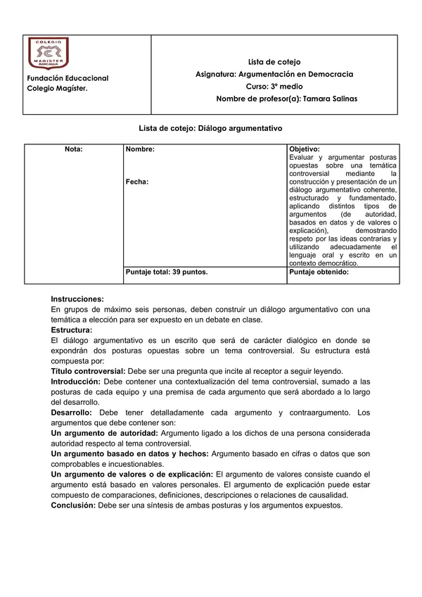 Lista de cotejo diálogo argumentativo y debate 