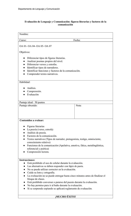 Evaluación: Figuras Literarias, Poesía y Factores de la Comunicación editable