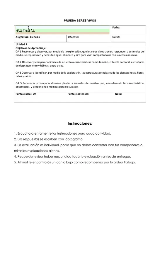 Prueba unidad 2 Ciencias 1ro básico