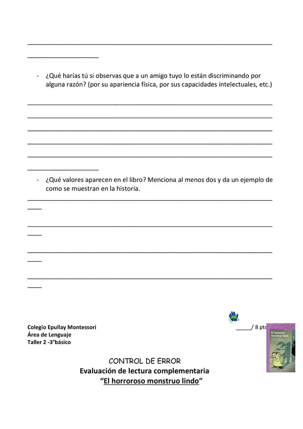 Evaluación libro ''El horroroso monstruo lindo''