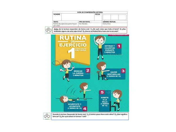 Comprensión lectora "Rutina de ejercicios para hacer en casa"