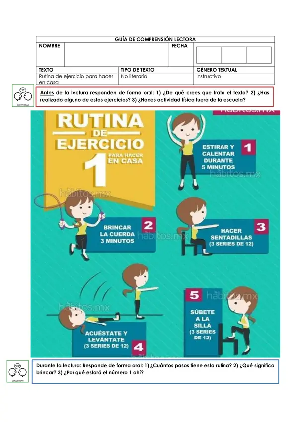Comprensión lectora "Rutina de ejercicios para hacer en casa"