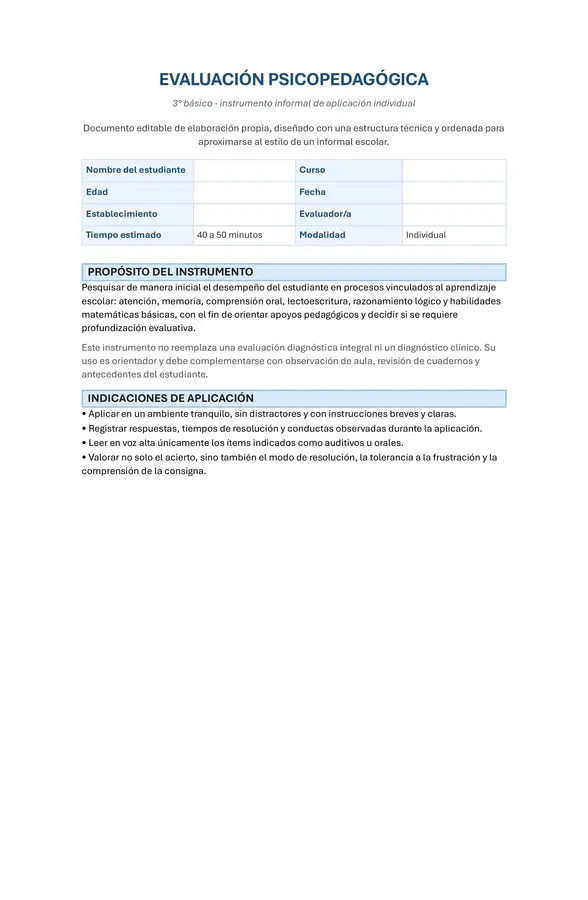 Evaluación psicopedagogica Informal Tercero básico