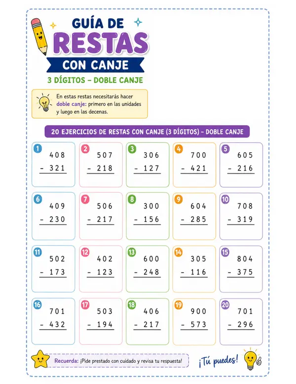 Guía de repaso "restas con doble canje"
