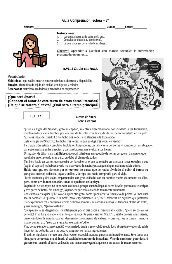 Guía comprensión lectora 7° - Uso de marcas textuales y paráfrasis 