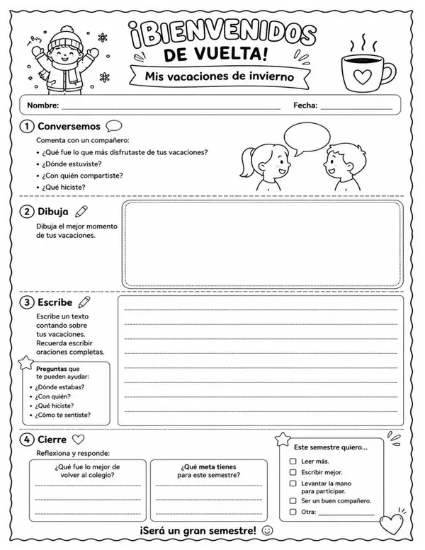 Actividad de Escritura: ¡Bienvenidos de Vuelta! | Mis Vacaciones de Invierno | 2° y 3° Básico